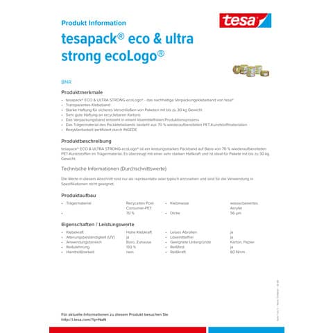 Nastro da imballaggio Tesapck® Eco & Ultra Strong in PET trasparente 50 mm x 66 m - BNR 58297